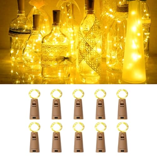 10 Pack Bottle Light with Cork 2M 20 LED Wine Bottle Fairy Lights, Copper Wire Battery Operated String Lights for Party Wedding Table Jars Thanksgiving New Year Valentine's DIY Decoration, Warm White