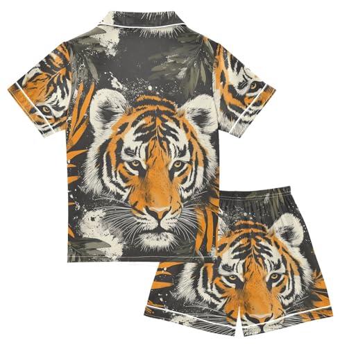Satin Pajama Sets Short Sleeve Tiger Face with Leaves Button Down Silky Nightwear 2 Piece PJS 5-14Y2