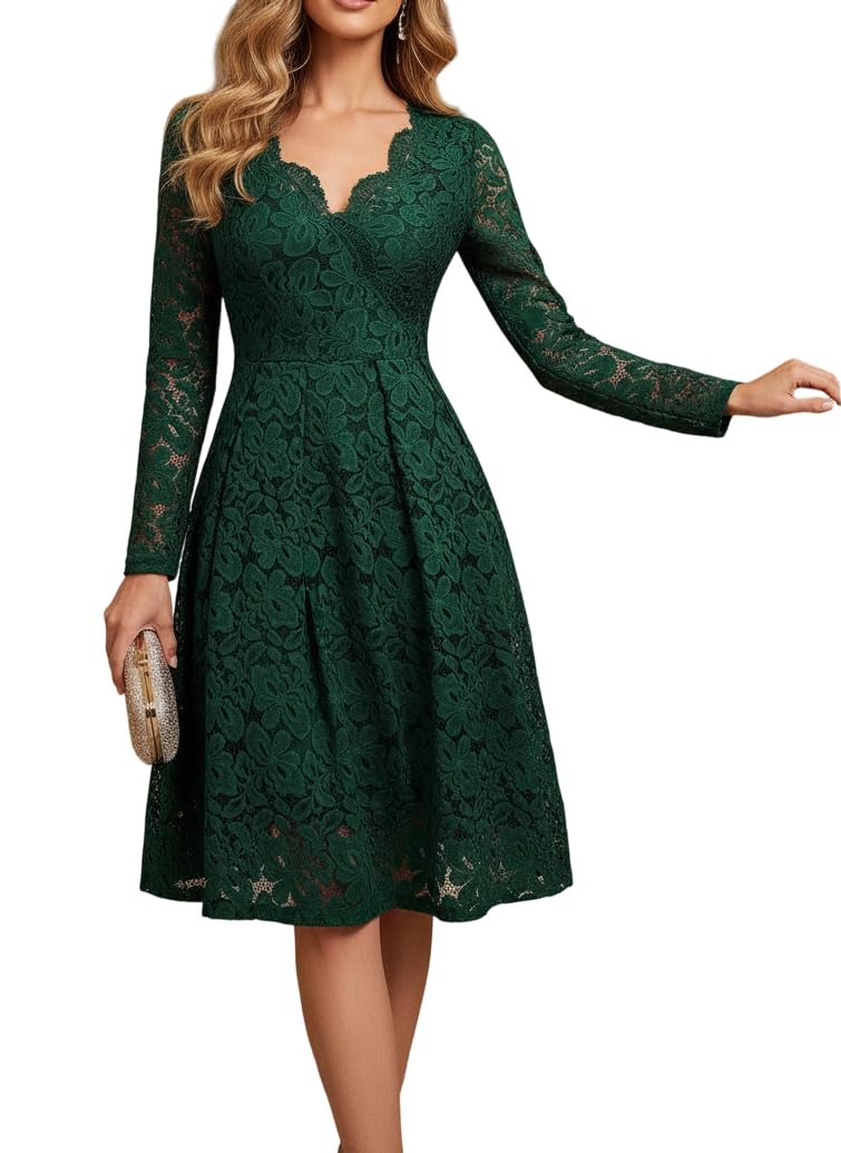 Womens Spring Lace V Neck Midi Dress Elegant Floral Long Sleeve A-Line Flowy Swing Party Dresses
