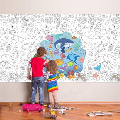 PHOGARY Póster 'Colorear' Mantel 'Océano' Animales, 137x274cm Océano Gigante Cartel para Fiesta Cumpleaños Niños Regalo DIY Artesanías