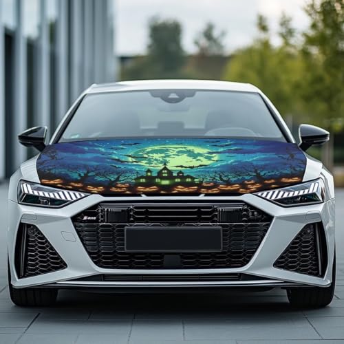 Image of Green Moon Castle Car Hood Cover Polyester Elastic Fabrics Can be Washed Suitable for Large SUV and Pickup Trucks