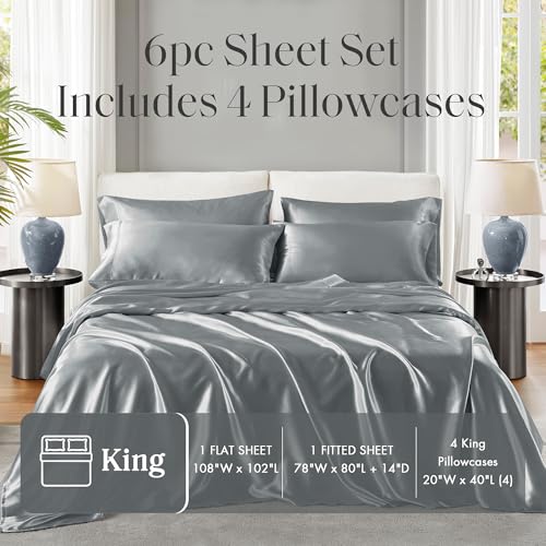 Image of Madison Park Essentials Satin Sheets King Size Bed Set, 6 Piece, Grey