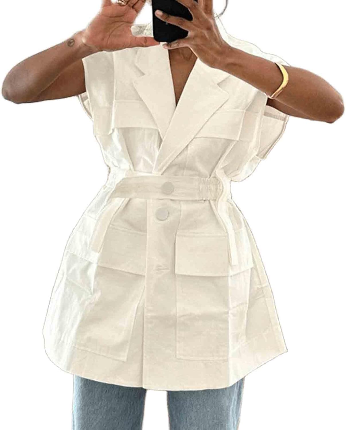 Women's Summer Sleeveless Workwear Shirt with Trendy Multi Pocket Design and Loose Waistband top
