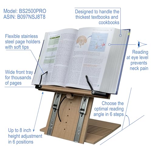 Image of BS2500PRO XL Super Heavy Duty 15.4x10.5 Portable Height Adjustable Foldable Eye Level Bookstand Holder for Reading Hands Free Large Thick Heavy College Textbooks Tablets Neck Pain Free
