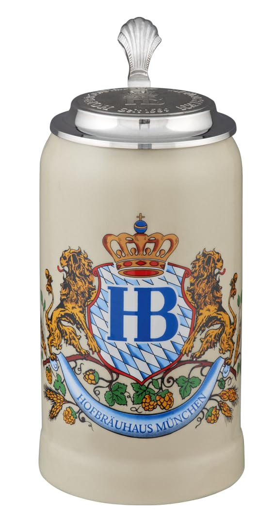 Hofbräuhaus München Stein Bierkrug Löwendekor mit Zinndeckel 1 L | Original Maßkrug | Bierglas mit HB Logo, Geschenkidee für Herren und Damen