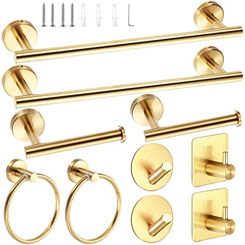 10 Pcs Matte Bathroom Hardware Set Sus304 Bathroom Hanger Set 16 Inch Hand Towel Bar Towel Holder Toilet Paper Holder Angled Hook 2 Robe Towel Hooks Wall Mounted Bathroom Accessory (Gold) #TOP30