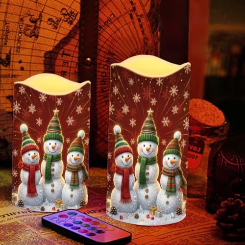 Image of Christmas LED Flameless Candles Set of 4, Knitted Snowman | Flameless Candle Set with Timer, Battery Operated, Fake Candles for cozy Christmas Living Room Table Centerpieces