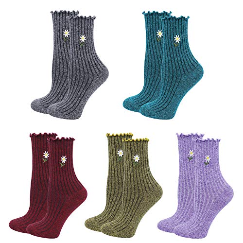 Bienvenu Cute Ruffle Slouch Socks for Women, Cotton Crew Boot Socks, Frilly Novelty Soft Knit Floral Socks 5 Pairs, Multicolored