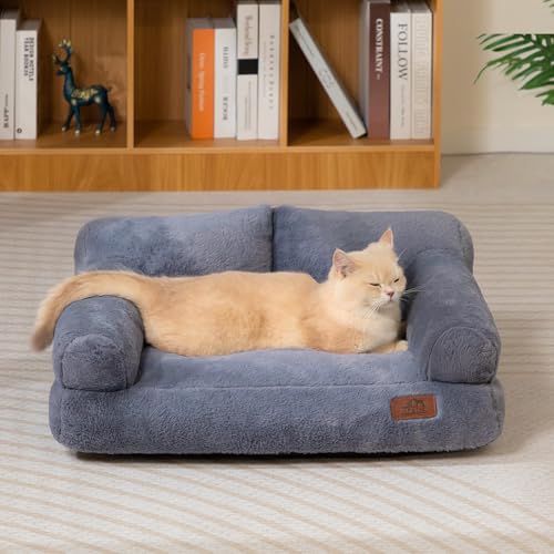 Hollypet Katzenbett Kleines Hundebett, Flauschiges Plüsch Katzensofa für Katzen und Welpen, Weiches Schlafsofa für Haustiere Atmungsaktives Haustierbett, Dunkelgrau