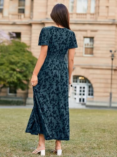 Image of Simplee Women's Velvet Maxi Dress V Neck Short Sleeve Empire Waist Semi Formal Long Cocktail Dresses