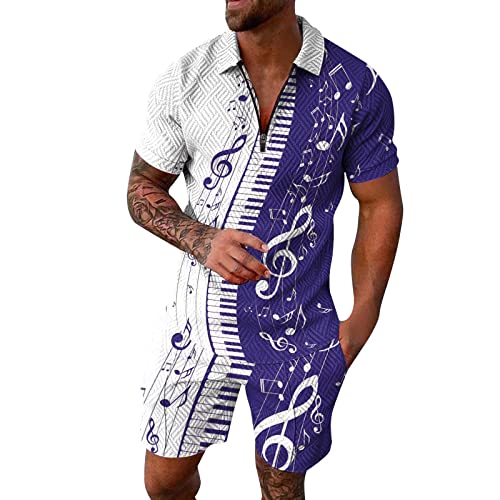 Générique - Generisches Set für Herren, modisch, lässig, Musikdruck, mit Reißverschluss, Kordelzug, Revers, Hemd und Shorts, zweiteiliger Poloanzug für Herren, festlich, dunkelviolett, M