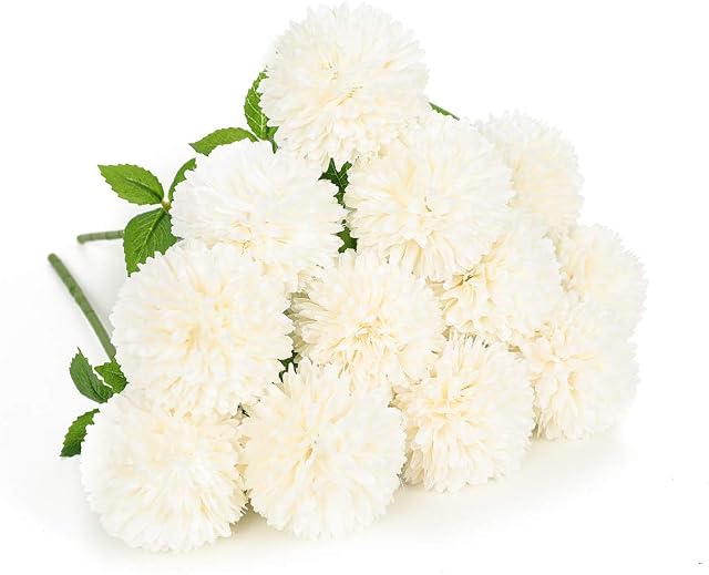 Floweroyal Artificial Flowers 12pcs Chrysanthemum Ball Flowers Silk Hydrangea Bridal Wedding Bouquet for Home Garden Party Office Coffee House Decorations (Milk White).