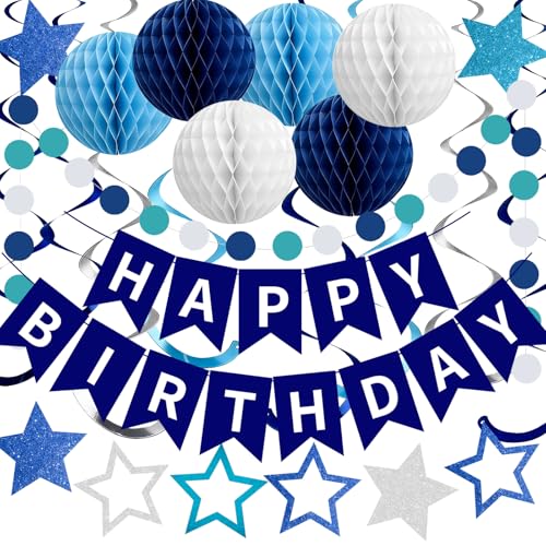 Rouceyxin Birthday Decorations for Men Boys, Blue Happy Birthday Decor Banner with Honeycomb Balls, Glitter Stars, Hanging Swirl Streamers, Circle Dots Garland for Birthday Party Supplies