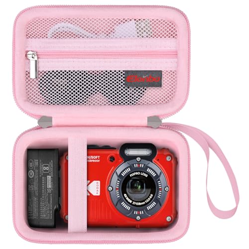 Image of Elonbo Camera Carrying Case for Kodak PIXPRO WPZ2 Waterproof Digital Camera | Camera Carrying Case, Hard Bag, with Mesh Pocket Wrist Strap Double Zipper, for Vlogging, Travel Protective Storage, Pink