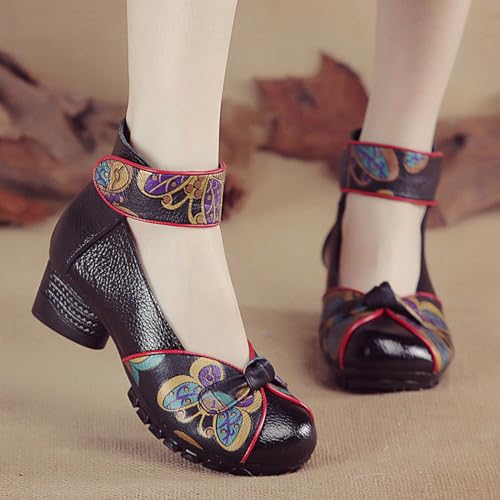 Women's Leather Block Heel Dress Pumps,Comfort Vintage Bow Print Closed Toe Hook Loop Ankle Strap Oxford Casual Shoes 6