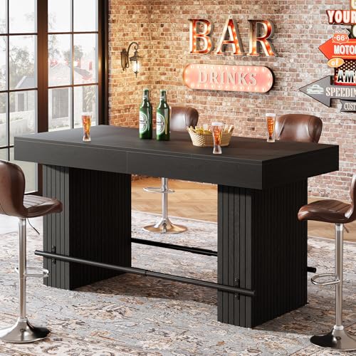 Image of Tribesigns 62.2 Inch Bar Table, Industrial Counter Height Pub Dining Table, Rectangular Home Bar Units with Metal Footrest for Home Kitchen, Dining Room, Bistro, Black