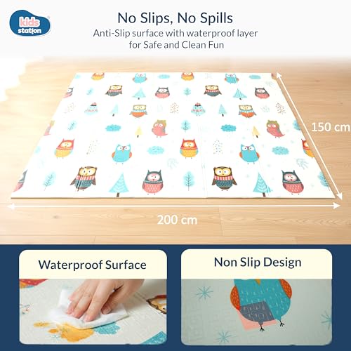 Image of Kids Station Double-Sided Waterproof Baby Playmat - Foldable, Portable & Reversible Foam Mat for Infants, Toddlers & Kids - Soft, Non-Slip, Easy-to-Clean Baby Crawling Mat for Indoor /Outdoor Use (200x150x0.6cm, Winter Owl & City Print)