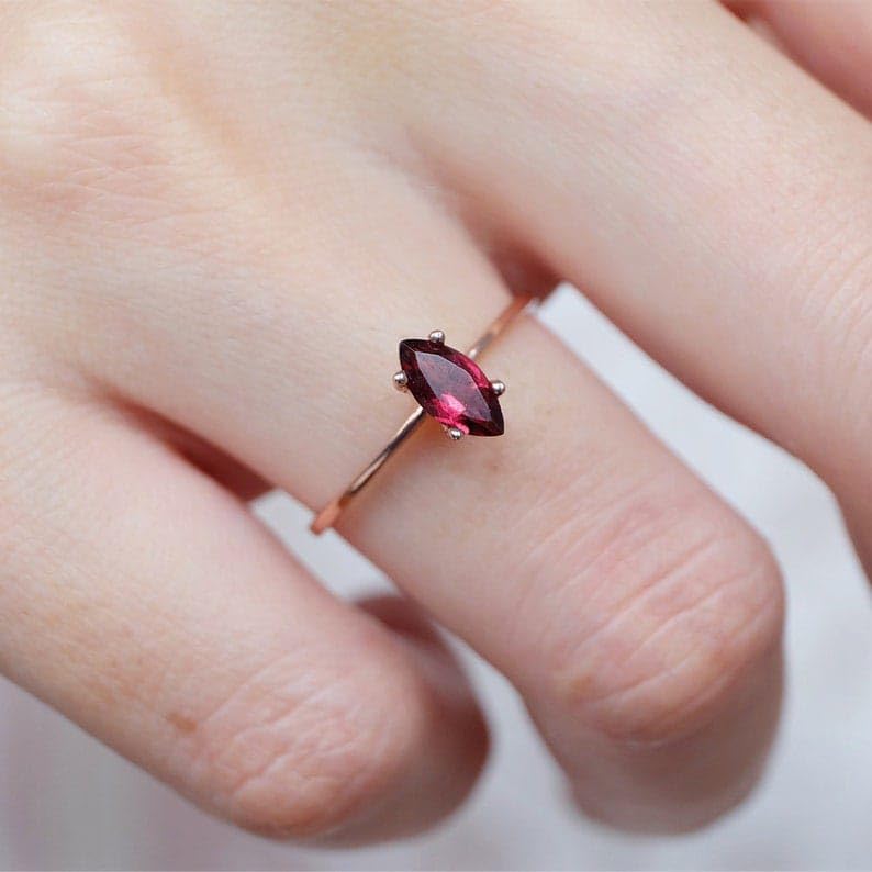 Marquise Rhodolite Garnet Ring in 14K Rose Gold, January Birthstone Ring, Dainty Minimalist Garnet Ring, Handmade Stacking Jewelry - GJH1282
