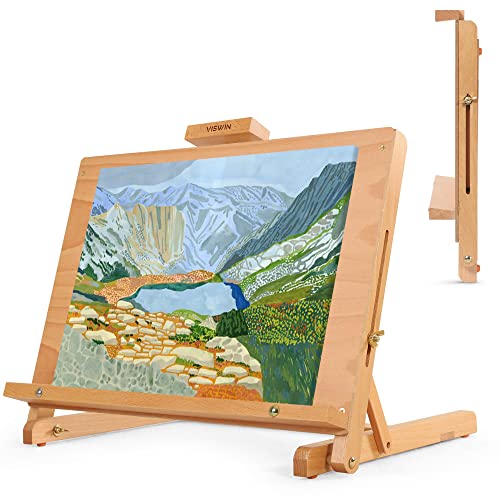 VISWIN Caballete de mesa grande de madera de 48 x 37 cm, sujeta lienzo a 57 cm de altura, ajustable, caballete de escritorio...
