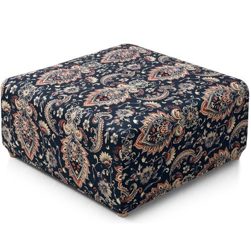 Image of YISUN Ottoman Cover Square, Stretch Printed Ottoman Slipcover Square, Thick Storage Ottoman Covers Washable Footrest Stool Cover Protector with Nonslip Elastic Bottom