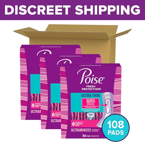 Image of Poise Ultra Thin Incontinence & Postpartum Pads for Bladder Leaks, 5 Drop Maximum Absorbency, Long Length, 108 Count (Packaging May Vary)