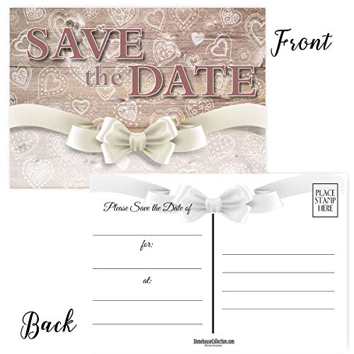 Image of Stonehouse Collection | 40 Hearts & Bows Save The Date Postcards | Wedding, Baby Shower, Birthdays, Celebration Announcements | Great For Any Occasion | 4 inch x 6 inch Postcards - Made in the USA