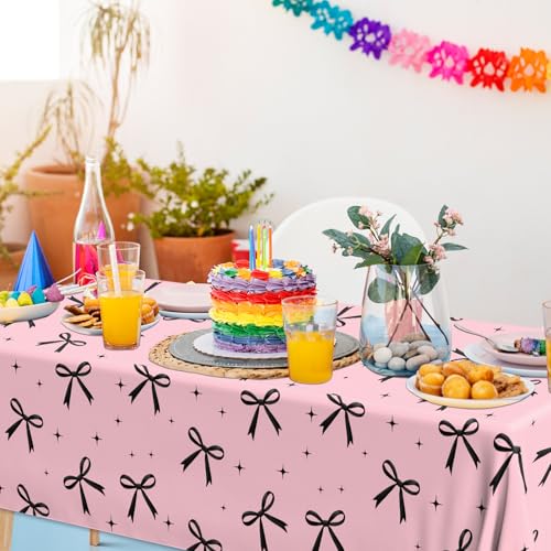 Image of 3Pcs Pink Bow Tablecloth,Black Bow Table Decor,Coquette Birthday Decorations Black,Disposable Waterproof Party Supplies for Girls Baby Shower,Bridal Shower,Bachelorette Party