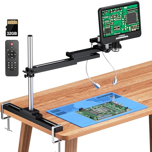 Image of LM210A 10.1 inch HDMI Digital Microscope for Soldering with Slide Rail Arm Stand, Professional Electronic Microscope Camera for Adults, UHD 2160P Video 52MP, Windows PC View, 32GB
