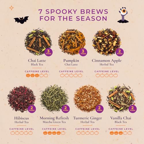 Image of Halloween Tea Pod Gift Set (16 Count) - 7 Flavors Assorted Variety Pack | Classic Chai Latte, Pumpkin Chai Latte, Cinnamon Apple, Hibiscus, Matcha Green, Turmeric Ginger, Vanilla Chai, Non-GMO