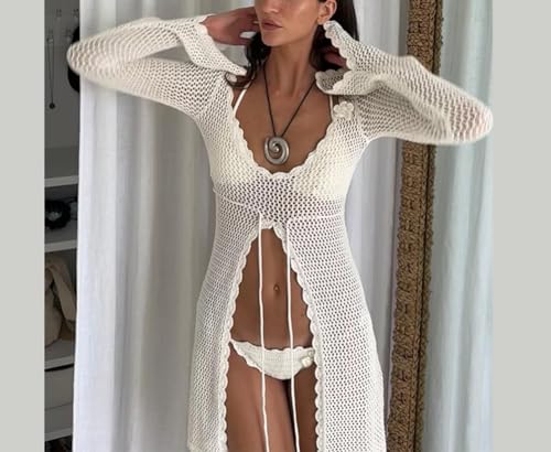 Women Crochet Tunic Beach Cover Up Sexy Front Slit Tie Waist Bikini Bathing Suit Long Sleeve Knit Top Cover Ups3