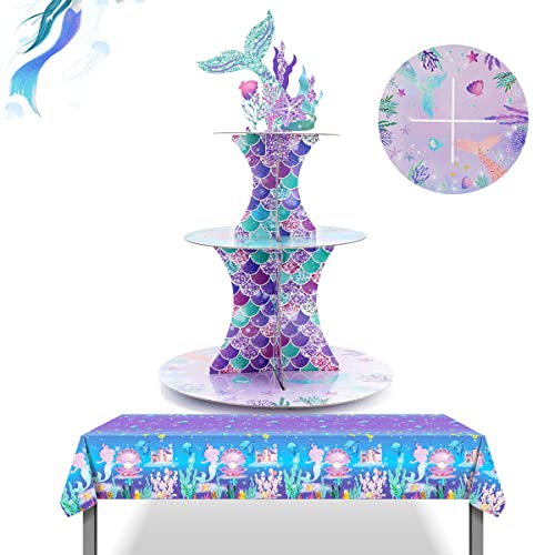 LOMUG Soporte para tartas de sirena, 3 niveles, soporte para cupcakes, soporte de sirena, decoración de cumpleaños, decoración de sirena, accesorios de fiesta para niñas, cumpleaños, bebés, duchas Cover