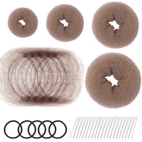 FANDAMEI Hair Donut Bun Maker Kit - 4 Hair Bun Maker 20 Invisible Hair Nets for Buns 5 Elastics 20 Bobby Pins Bun Nets for Ballet girls Hair Donuts for Buns - Tan Brown
