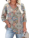 TFSDOD Womens V Neck T Shirts 3/4 Length Sleeve Womens Tops Boho Tees Casual Summer Outfits 2024 Old Nation Print 3XL