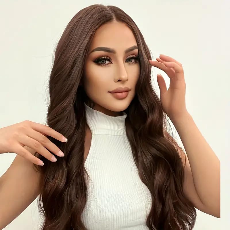 Image of Akashkrishn Synthetic Hair Wig For Women Long Brown Wig Middle Part Body Wavy Front Wig For Women Daily Party Use Natural Look Hair Wig