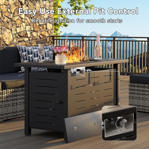 Image of Aoxun 41 Inch Propane Fire Pit-50,000 BTU Gas Fire Pit Table with Removable Lid & Lava Rocks, Rectangle Firepit Table for Outside, Patio, Deck, Backyard, Black