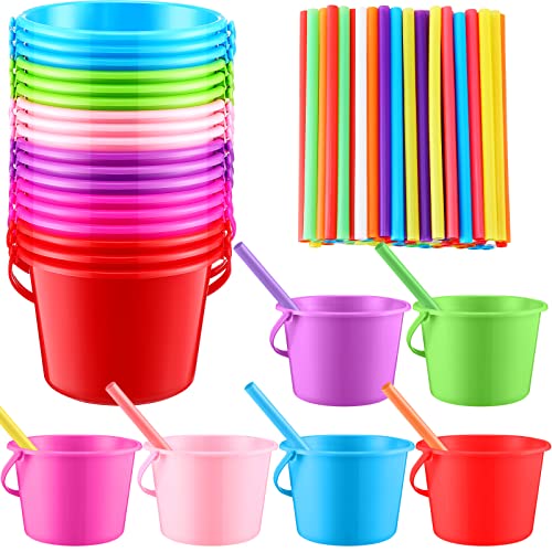 Didaey 36 Packs Sand Buckets Rum Buckets with 100 Plastic Drinking Straws Beach Sand Toys for Summer Beach Party Favors