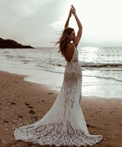 Bohemian Beach Wedding Dress Spaghetti Straps Lace Mermaid Bridal Gown with Train2