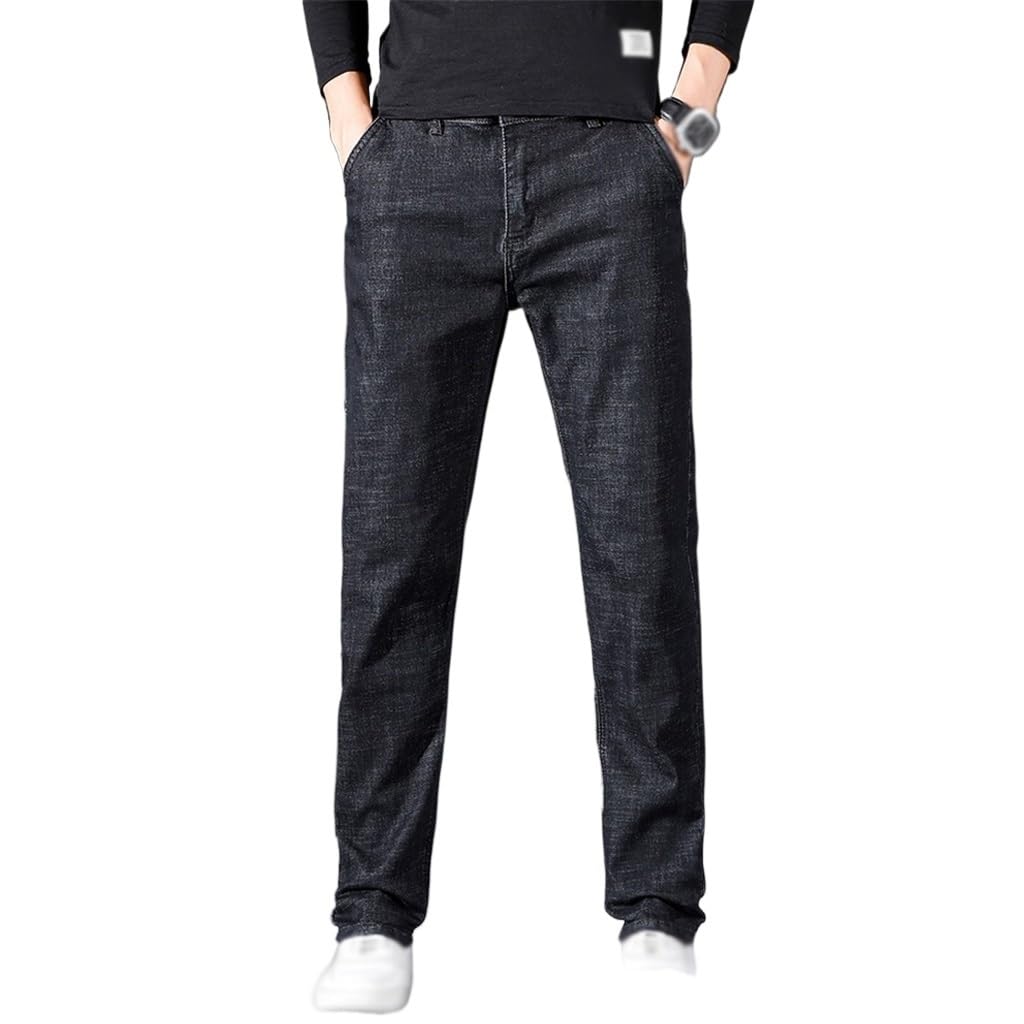 Mens Jeans Business Embroidered Regular Fit Denim Pants Male Black Stretch
