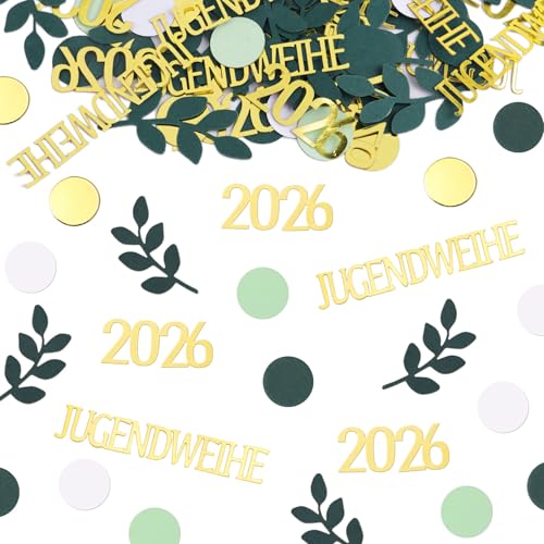 COMOOKA Jugendweihe Deko Gold Grün - 120 Stück Streudeko Jugendweihe 2026 Konfetti mit Blätter & Punkte Motiven - Tischdeko für Jugendliche
