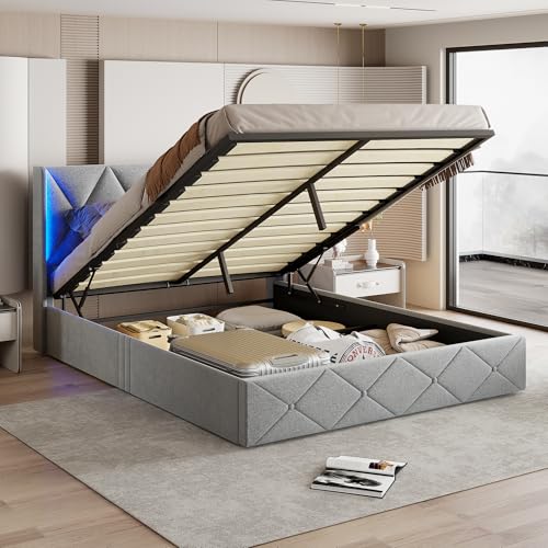 JiaOyu Moderna cama tapizada de 160 x 200 cm con espacio de almacenamiento y cabecero LED, cama juvenil hidráulica con somier, cama doble, sin colchón (gris/terciopelo, 160 x 200 cm)