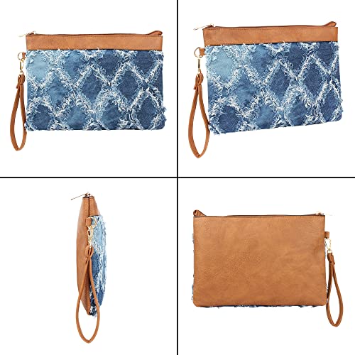 Image of Women Denim Wristlet Clutch Purses Wallet Envelope Handbag PU Leather Quilted Distressed Zipper Satchel