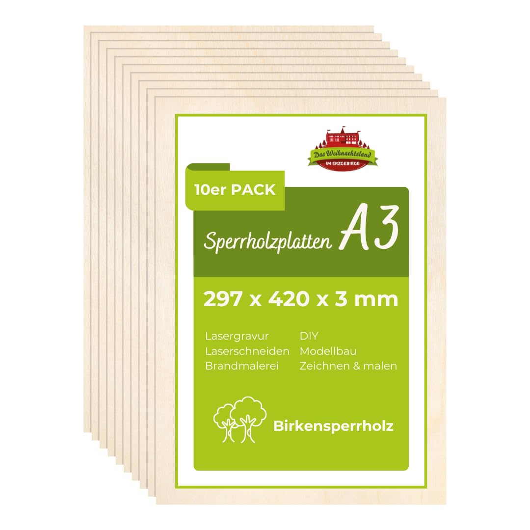 Sperrholzplatte 3mm – Bastelholz – 10 Stück A3 (297 x 420mm) | Holzplatte aus Birke – Holz zum Basteln für Laserschneiden, Lasergravur, Modellbau, DIY, Brandmalerei & Deko