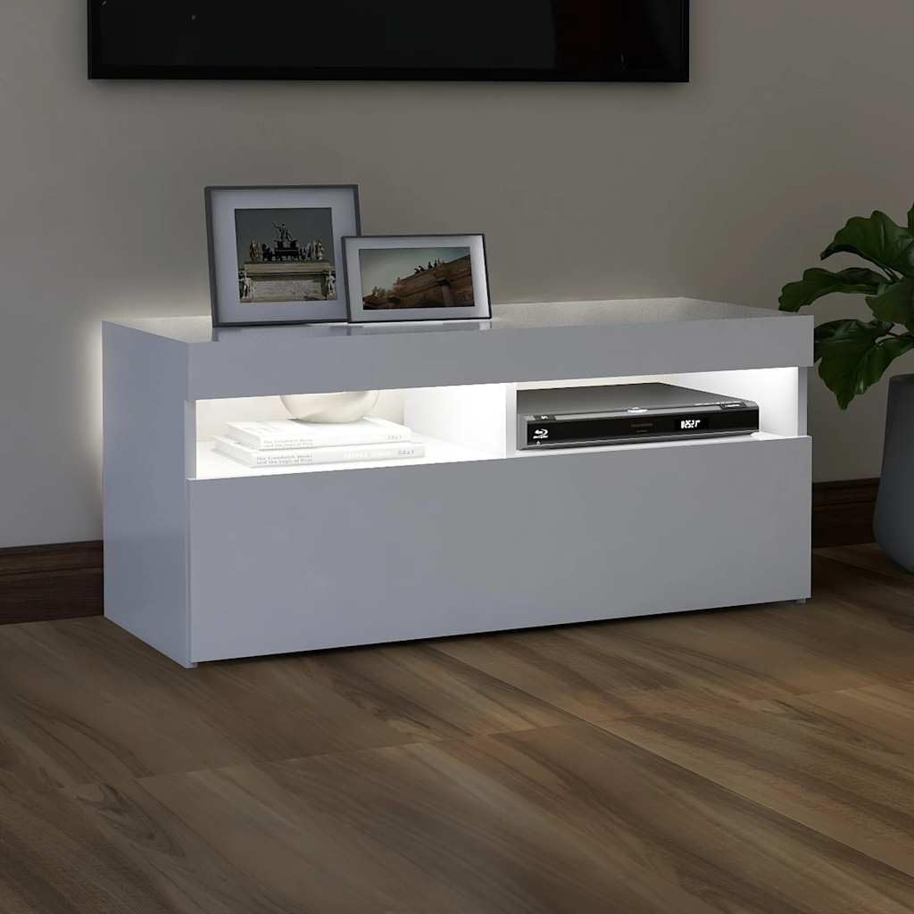 TV-Schrank mit LED-Leuchten, Weiß, 90x35x40 cm, Holzwerkstoff, Modernes TV-Möbel für Wohnzimmer, Media Center mit Stauraum