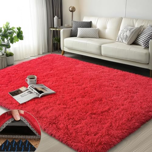 Red Rugs for Bedroom, 3x5 Fluffy Area Rugs for Living Room, Soft Shag Kids Rug Small Carpet with 4 Non-Slip Rug Pads (Red, 3ft x 5ft)