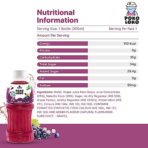 Image of Sapphire Poko Loko Grape Flavoured Fruit Juice Drink with Nata De Coco | Refreshing Fruit Drink filled with Natural Fruit Fibres, 300ml (Pack of 6)