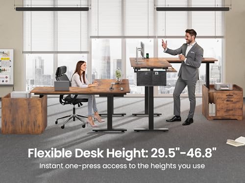 Image of SEDETA L Shaped Electric Standing Desk with File Cabinet, 63 x 53'' Height Adjustable Home Office Computer Desk with 3 Drawers, Power Outlet, Stand up Gaming Table with Led Lights, Rustic Brown