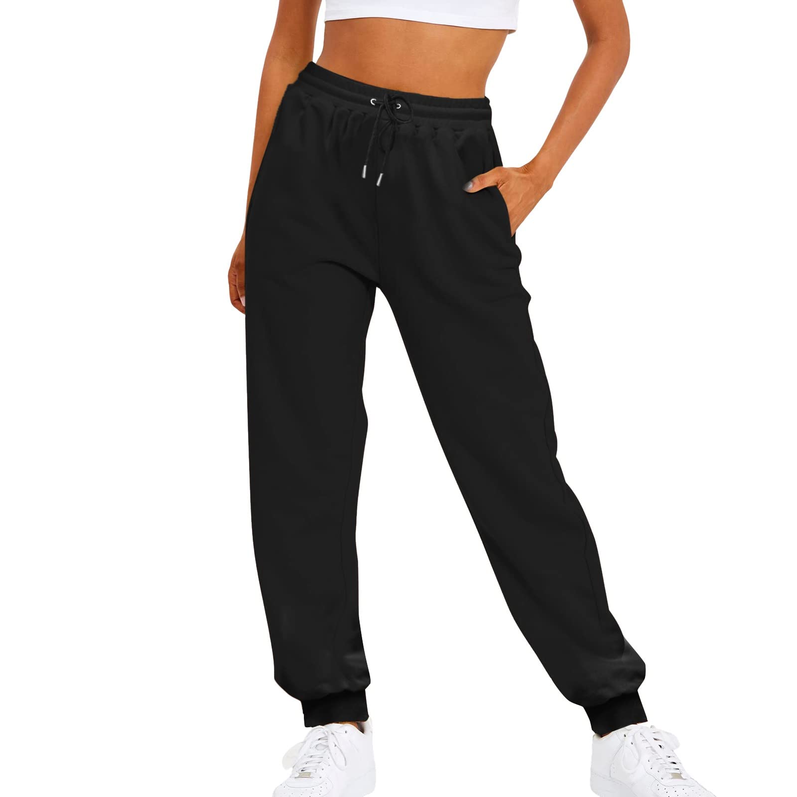 Joggers for Women Casual Baggy Fleece Sweatpants High Waisted Jogger Pants with Pockets Drawstring Cinch Bottom Sweatpants Plus Size Cotton Joggers Running Workout Pants Joggers for Women A-Black