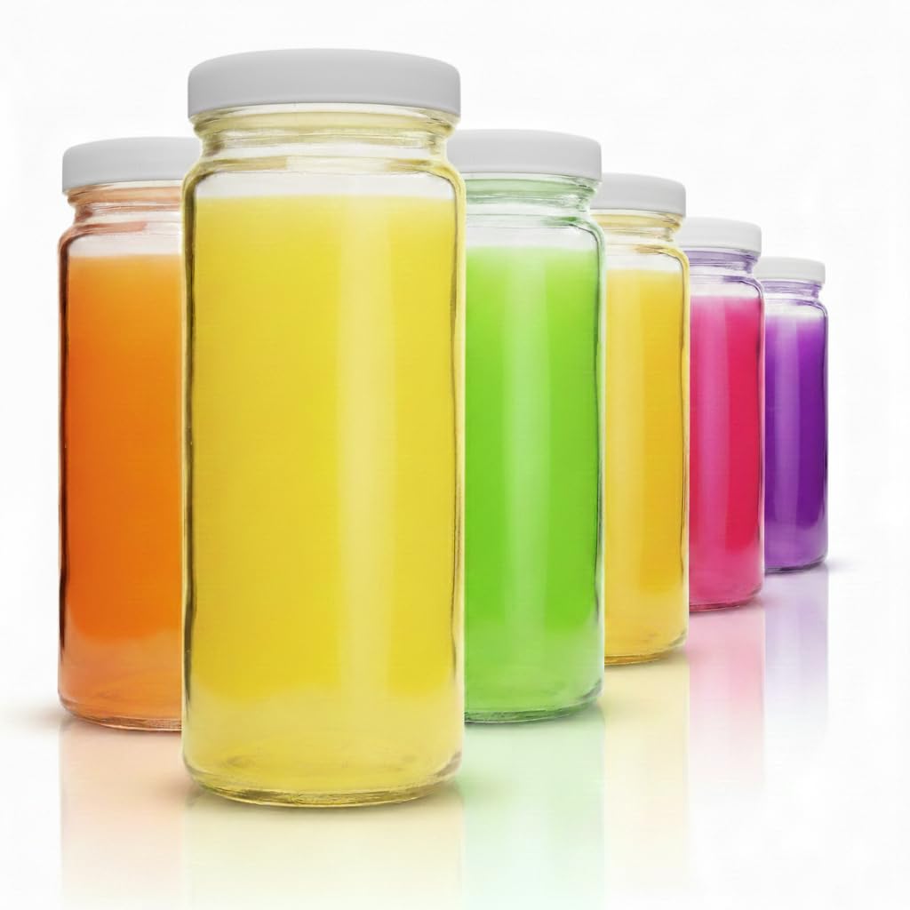 Juego de 6 botellas de agua de cristal de boca ancha con tapas para zumo, batidos, almacenamiento de bebidas, 473 ml, duradero, respetuoso con el medio ambiente y sin BPA, reutilizable, apto para