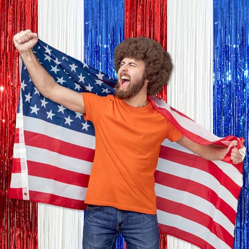Image of 3 Pack White Blue Red Foil Fringe Curtains Backdrop, 3.28 x 9.8 Ft Metallic Streamers Tinsel Curtains Background for Photo Booth, Birthday, Halloween, Christmas, New Year Party Decorations