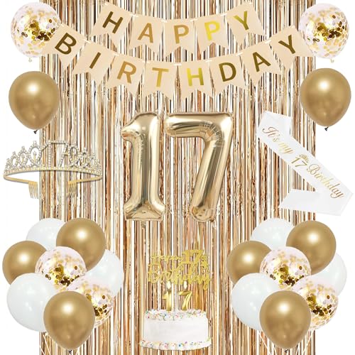 Image of Trgowaul 17th Birthday Decorations for Girls, Happy Birthday Banner, Sash and Crown, 17 Number Balloon, Fringe Curtains, Champagne Gold 17-Year-Old Old Party Supplies
